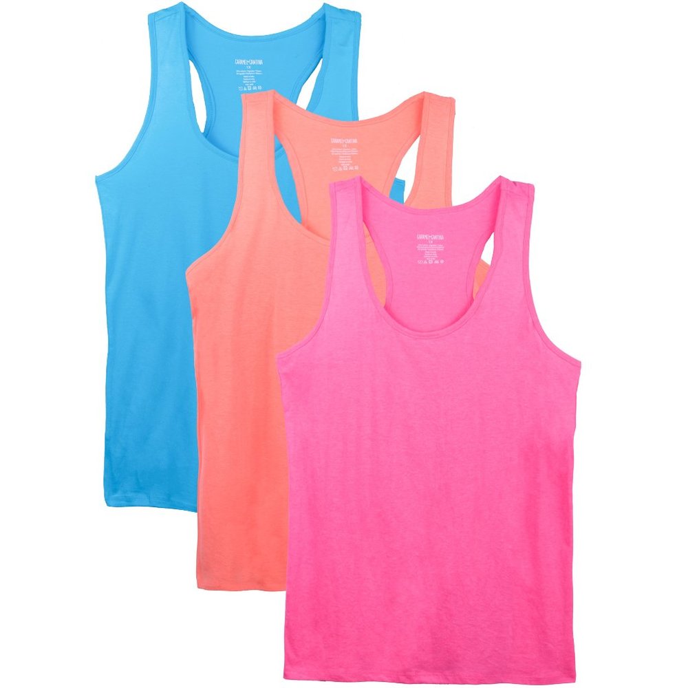 3 Pack Women's Cotton Spandex Racerback Tanks S-3X 3910 Aq/Npk/Nor New NWB